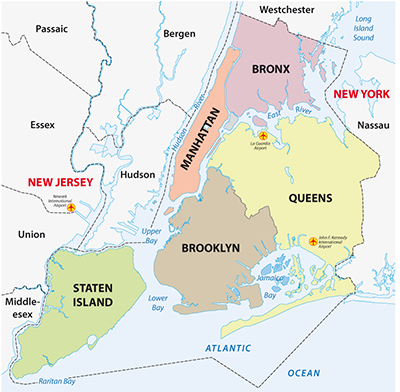 New York City land surveying service area map for Manhattan, Bronx, Brooklyn, Queens, and Staten Island